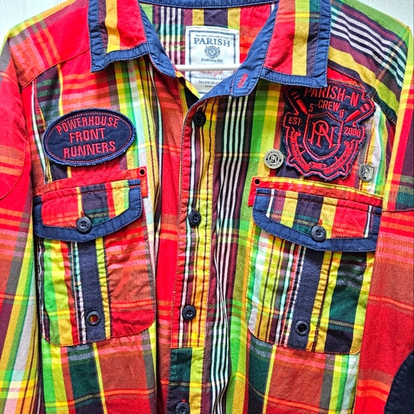 Parish Nation Powerhouse Front Runners Men's Flannel Shirt 2XL Red Plaid Patches - Picture 5 of 13